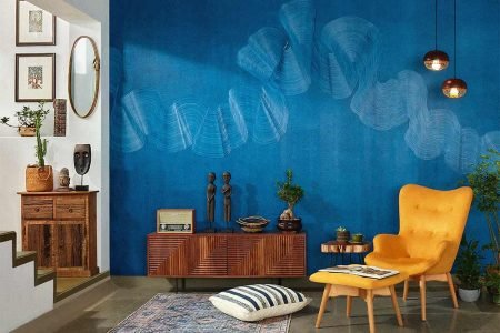 blue textured accent wall designs with a yellow sofa chair bea